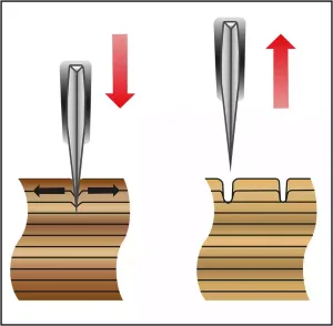 Kniv skærer i planke skærebræt og viser resultat
